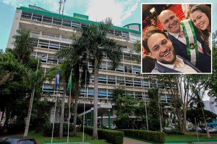 Foto da fachada do Palcio Alencastro; Felipe Wellaton, Michelle Dreher  e o prefeito Abilio Brunini no detalhe