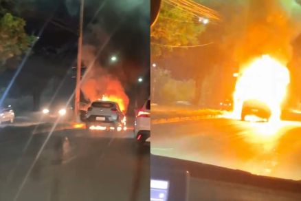 Carro pega fogo e fica destru�do em avenida de Cuiab�