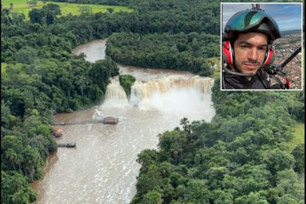 Cachoeira Salto das Nuvens, filmada por Felipe Gomes (em detalhe) durante voo de paramotor 