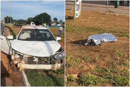 Toyota Corolla ficou destrudo aps o acidente e foi abandonado no canteiro central, prximo ao corpo da vtima