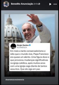 Publicao de servidor lamentando a morte do Papa e citando dio no mundo