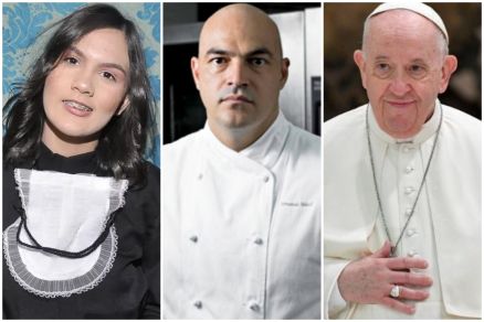 A adolescente Heloysa Souza, o empresrio e chef Fernando Mack e o Papa Francisco