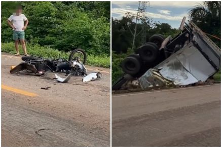 Motocicleta da v�tima ficou destru�da e caminh�o caiu em vala �s margens da rodovia