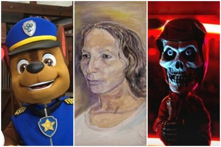 Chase, personagem da Patrulha Canina, quadro de Dalva de Barros e frame do filme Premoni��o 6