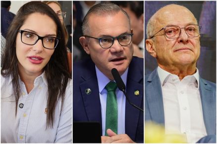 A deputada Janaina Riva, o senador Wellington Fagundes e o vice-governador Otaviano Pivetta, que esto empatados tecnicamente