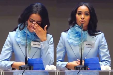 Zainab Jama se emociona durante depoimento em etapa do Miss Mundo 2025