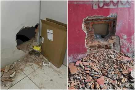 A parede quebrada da lotrica que foi invadida por ladres