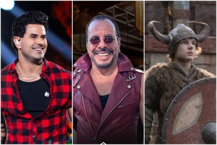 Os cantores Gabriel Gava e Ralph, e o personagem Soluo do filme 