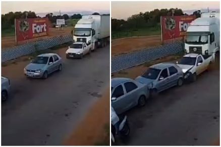 Veculo de carga atingiu carros por trs e deixou dois feridos em avenida de Cceres