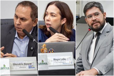 Os vereadores Dilemrio Alencar, Maysa Leo e Felipe Corra, que criticaram o ex-prefeito Emanuel Pinheiro