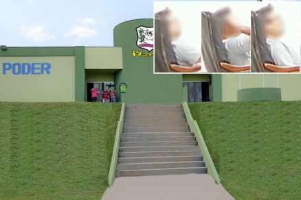 A fachada da Prefeitura de Novo So Joaquim e o servidor W.G.S. (detalhe)