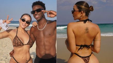 Dania Mendez posou coladinha com Vini Jr. na praia 