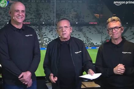 Galvo Bueno com Marcos e Neto na transmisso de Corinthians x Palmeiras no Amazon Prime Video 