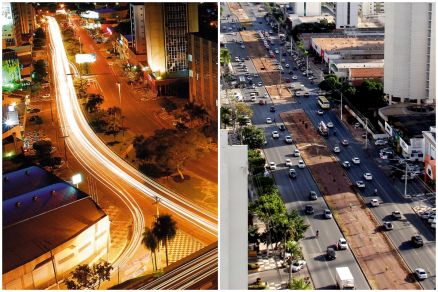 Fotografias de antes e depois da avenida do CPA, que teve as rvores retiradas para construo do VLT (Veculo Leve sobre Trilhos)