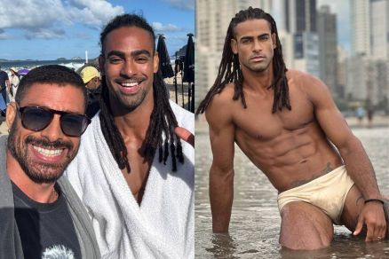 Mister Brasil CNB 2025, Lucas Laet posa ao lado de Cau Reymond, durante gravao de 'Vale Tudo' 