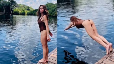 Leticia Spiller mostrou mergulho no Rio Negro durante folga no teatro