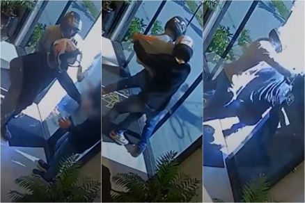 Momento em que dupla de assaltantes tenta fugir de estabelecimento 
