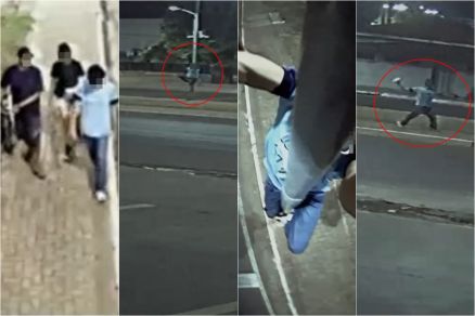 Momento em que trio se aproxima e cmera  danificada 