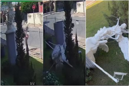 Momento em que mulher invade Paroquia e danifica imagem religiosa
