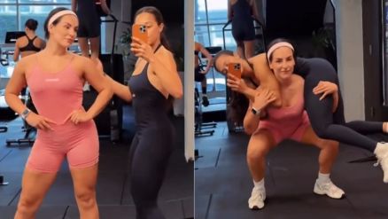 Kfera surpreendeu ao usar amiga como peso em exerccio de agachamento 