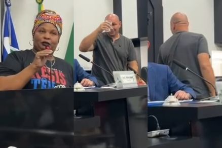 A professora Leliane e o prefeito Abilio, que bebe gua e se retira da mesa