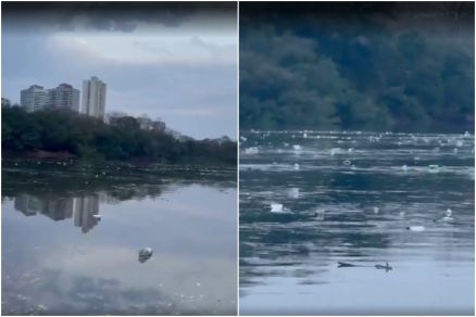 Imagem gravada por pescador mostra garrafas plsticas, sacolas e copos descartveis na superfcie do Rio Cuiab
