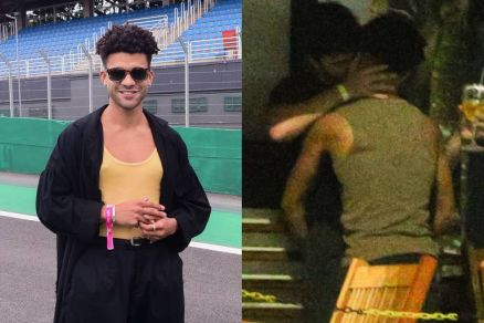A imagem  dividida em duas partes.  esquerda, um homem com cabelo cacheado e culos escuros est posando em uma pista de corrida, vestindo uma camiseta amarela e uma jaqueta preta.  direita, duas pessoas esto em uma interao prxima, uma delas com a m