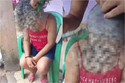 Mulher tendo o cabelo raspado; principal suspeito  o ex dela 