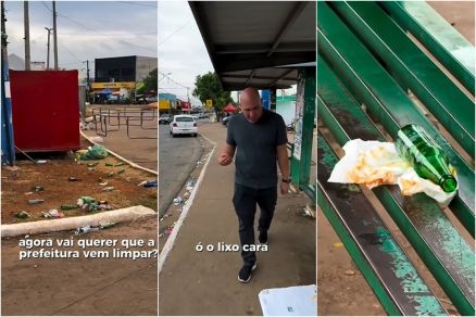 Prefeito Abilio Brunini mostra lixo jogado em praa aps festa 