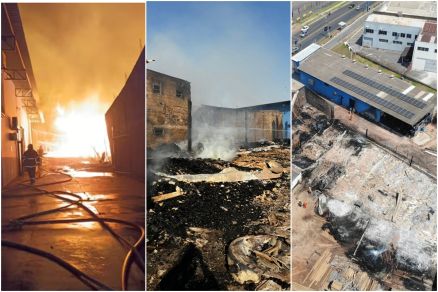Bombeiros trabalham no rescaldo do incndio que consumiu grande quantidade de madeira e atingiu depsito de bebidas