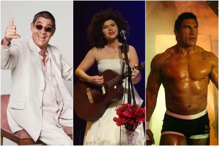 Zeca Pagodinhp, Roberta Campos e ator The Rock, em cena de filme
