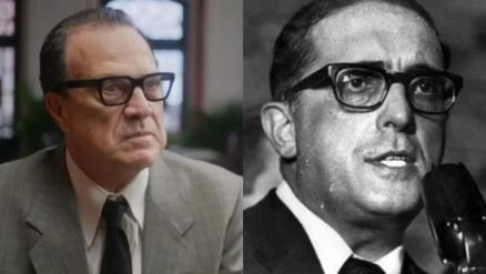 Pedro Bial caracterizado como Carlos Lacerda e Carlos Lacerda ao lado 