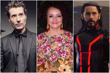 Da esquerda para a direita, Dinho Ouro Preto, vocalista do Capital Inicial, a cantora Deize guena e o atroz Jared Leto, no filme Tron - Ares