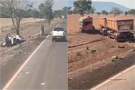 Imagens mostram local do acidente aps a batida; veculos ficaram fora da pista 