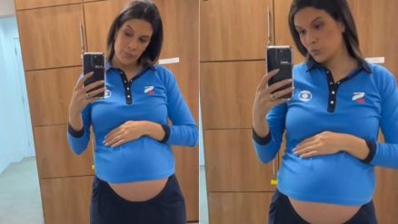 Grvida, Renata Silveira mostrou que uniforme de trabalho ficou pequeno 