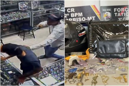Dupla rendendo funcion�rios durante assalto na cidade de Sorriso; joias foram recuperadas 