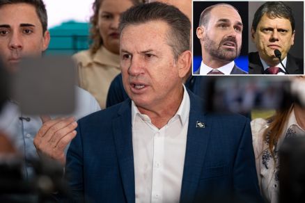 O governador Mauro Mendes, deputado federal Eduardo Bolsonaro e o governador de SP Tarcsio de Freitas (ambos no detalhe)