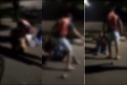 Momento em que pai agride filha ca�da no asfalto; PM prendeu o homem