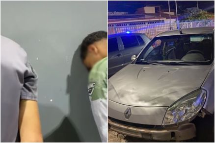 Renault Sandero prata apreendido pelos policiais militares aps coliso durante a fuga