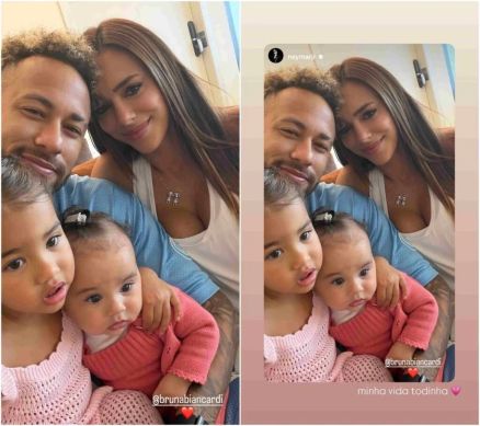 Neymar e Bruna Biancardi com as filhas, Mavie e Mel. 
