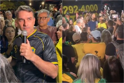 Flvio Bolsonaro conversa com apoiadores na viglia organizada em favor de seu pai