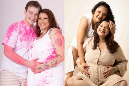 Larissa ao lado do noivo Gabriel Weber e da me Vnia Pompermayer