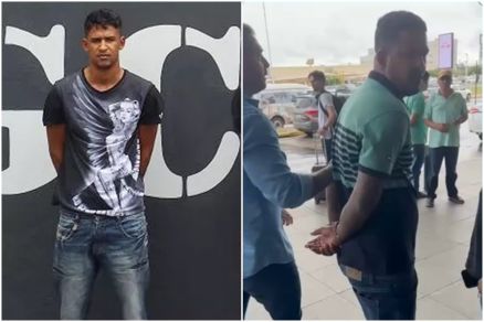 Thiago Oliveira durante priso por assalto a banco em 2016 (esquerda) e no aeroporto de Cuiab (direita)