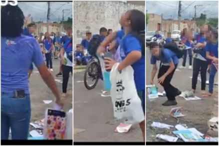 Imagens mostram alunos rasgando livros escolares em Cuiab 