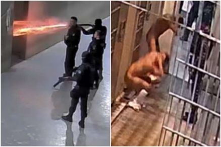 Policiais penais do Ferrugem, em Sinop, atirando balas borracha dentro da cela e colocando detentos nus, em postura degradante
