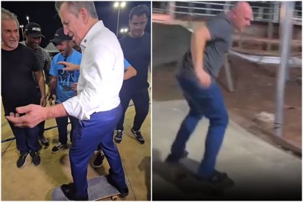 O governador Mauro Mendes e o prefeito de Cuiab� Abilio Brunini andando de skate