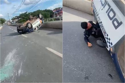 Viatura da Pol�cia Militar capota ap�s ultrapassagem indevida 
