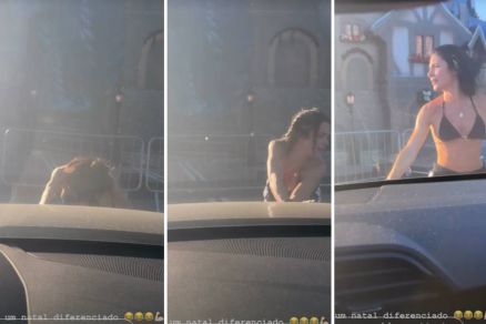 Jade Picon faz for�a para empurrar carro ap�s pane mec�nica