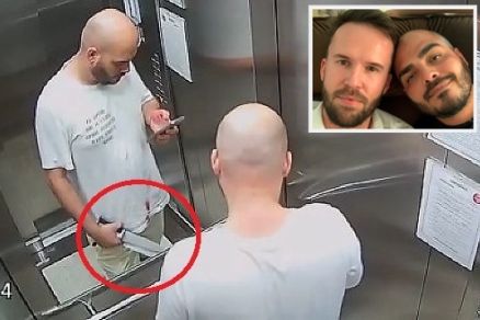 O casal Robson Malinoski e Rodrigo dos Santos (detalhe); suspeito saiu do pr�dio com faca e manchas de sangue na camiseta