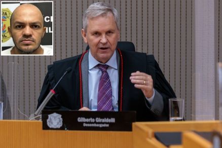 O desembargador Gilberto Giraldelli, que votou contra soltura de Alex Roberto (no detalhe)